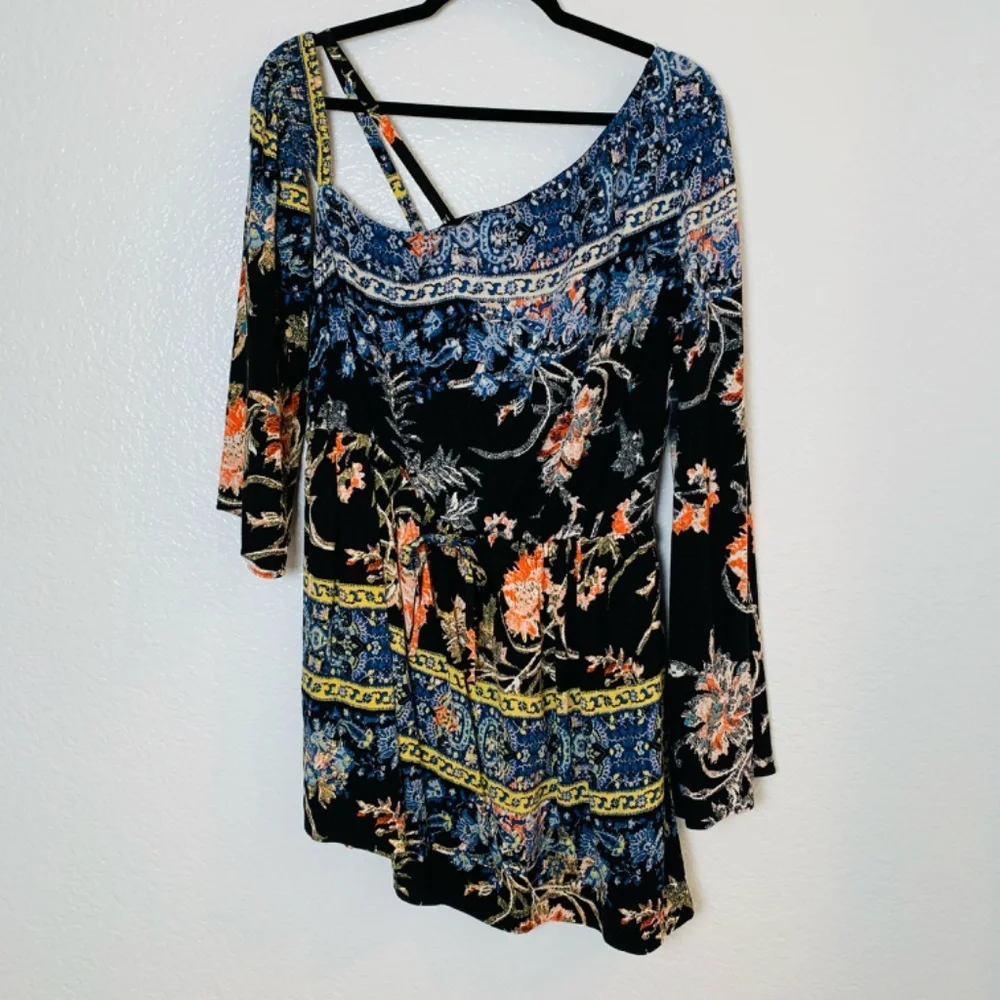 Free People Modern Nomad Mini Dress Large One Shoulder Boho Floral Long Sleeve